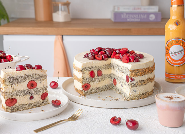 Kirsch-Mohntorte mit Verpoorten Pfirsich-Maracuja