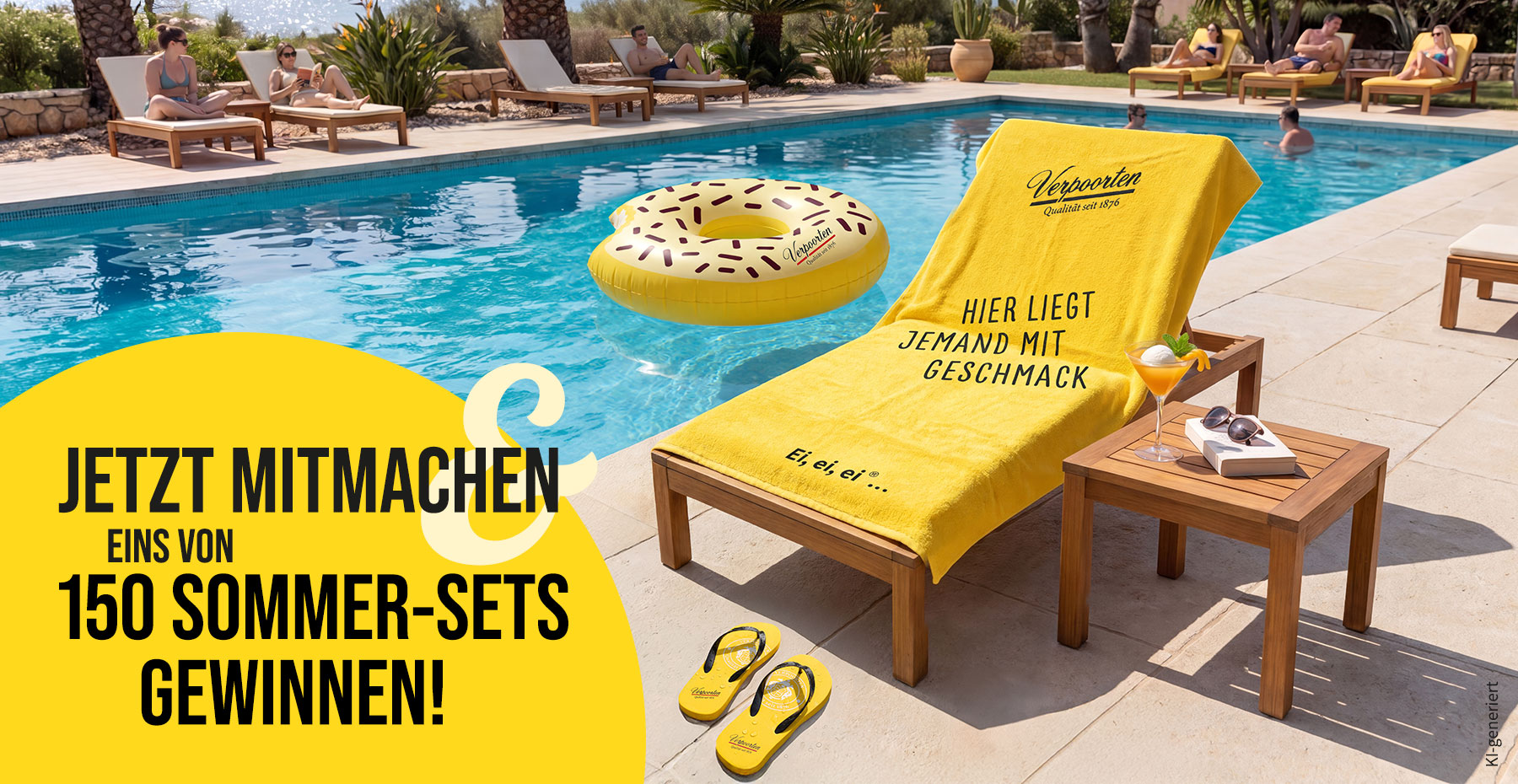 Fotorealistisches, von einer KI generiertes Bild: Sommer Gewinnspiel - Verpoorten Sommer Merchandise mit Strandtuch, Schwimmring und Flip Flops am Pool Fotorealistisches, von einer KI generiertes Bild: Sommer Gewinnspiel - Verpoorten Sommer Merchandise mit Strandtuch, Schwimmring und Flip Flops am Pool