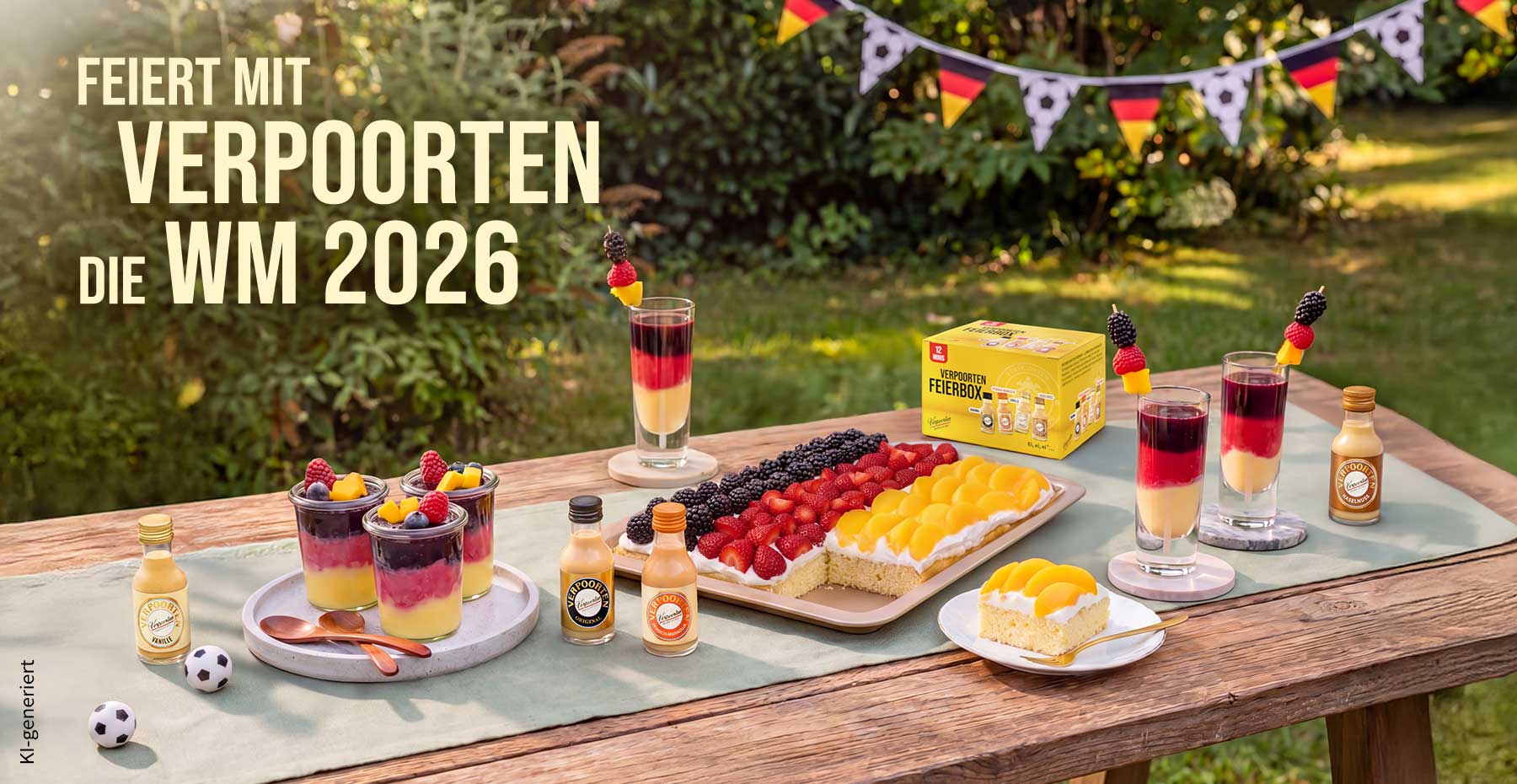 Fotorealistisches, von einer KI generiertes Bild: Feiert mit Verpoorten die WM 2026 - Verpoorten Deutschland Rezepte mit Feierbox auf Gartentisch Fotorealistisches, von einer KI generiertes Bild: Feiert mit Verpoorten die WM 2026 - Verpoorten Deutschland Rezepte mit Feierbox auf Gartentisch