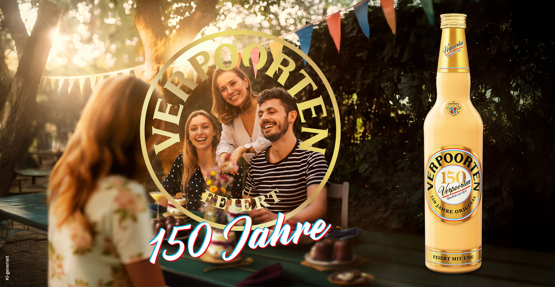 Fotorealistisches, von einer KI generiertes Bild: 150 Jahre Verpoorten Jubiläum - Vier Personen sitzen gesellig im Garten Fotorealistisches, von einer KI generiertes Bild: 150 Jahre Verpoorten Jubiläum - Vier Personen sitzen gesellig im Garten