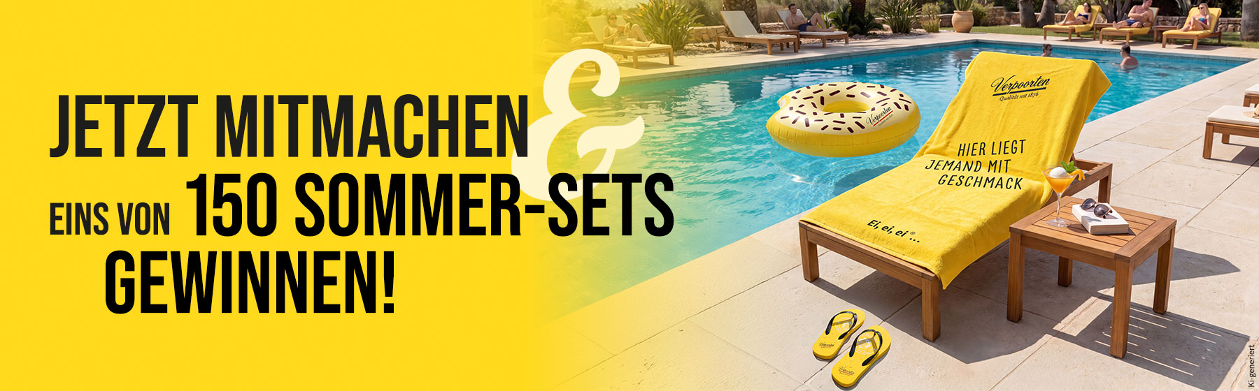 Verpoorten Sommer-Gewinnspiel Merchandise mit Strandhandtuch, Schwimmring und Flip Flops am Pool [Motiv KI generiert]