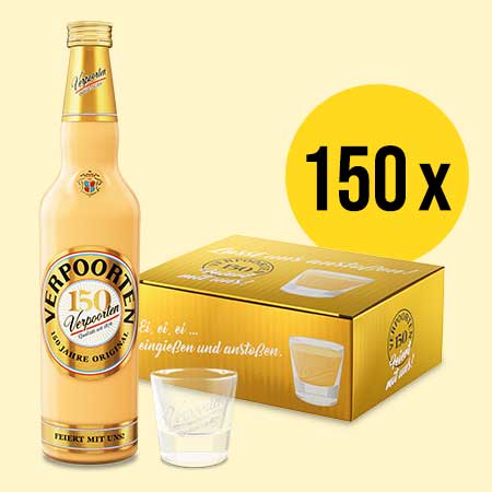 Gewinnpreis exklusive VERPOORTEN Jubiläumsflasche inkl. 6 Shotgläsern
