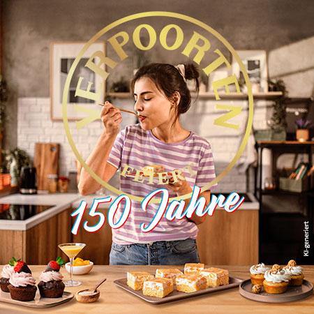 Fotorealistisches, von einer KI generiertes Bild: eine Frau steht in der Küche und isst ein Stück Kuchen