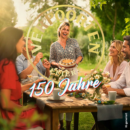 Fotorealistisches, von einer KI generiertes Bild: fünf Personen im Garten am gedeckten Kaffeetisch.