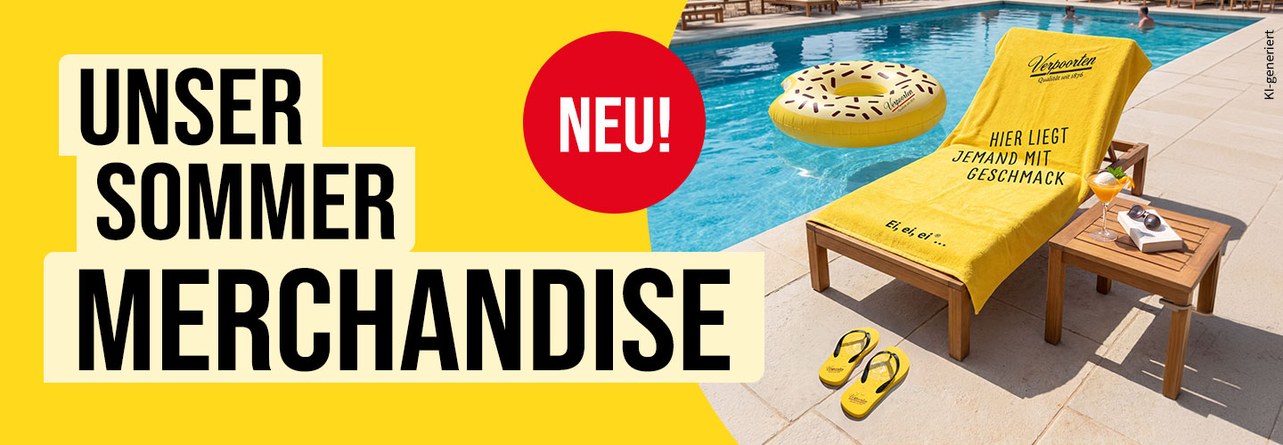 Fotorealistisches, von einer KI generiertes Bild: VERPOORTEN Sommer-Merchandise - Verpoorten Sommerprodukte am Pool