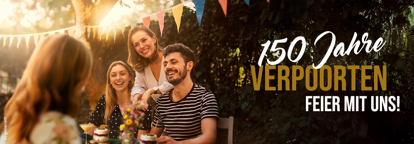 Fotorealistisches, von einer KI generiertes Bild: 150 Jahre VERPOORTEN - Feier mit uns! 4 Personen sitzen im Garten und feiern.