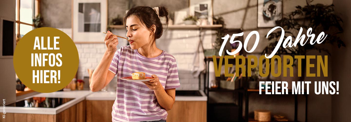 Fotorealistisches, von einer KI generiertes Bild: VERPOORTEN 150 Jahre Jubiliäum - Frau steht in Küche und isst ein Stück Kuchen