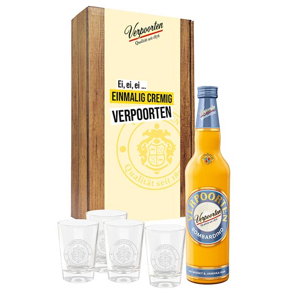 Geschenkset mit 0,7 L VERPOORTEN BOMBARDINO 17 %vol und 4 VERPOORTEN ''Wappen''-Gläsern